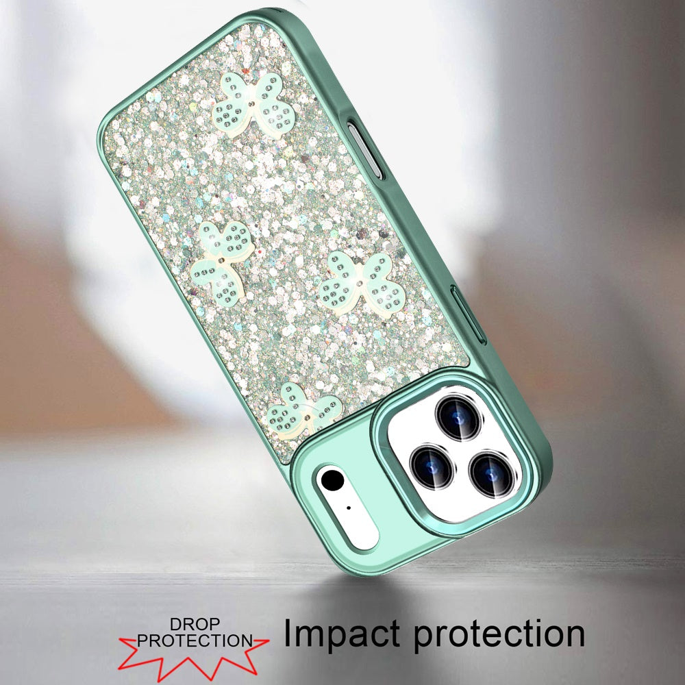 For Apple iPhone 17 Pro Max (6.9") Cute Butterfly Crystal Diamond Glitter Case Sparkle Bling Frame Metallic Edges, Shimmer TPU Hybrid Case Cover