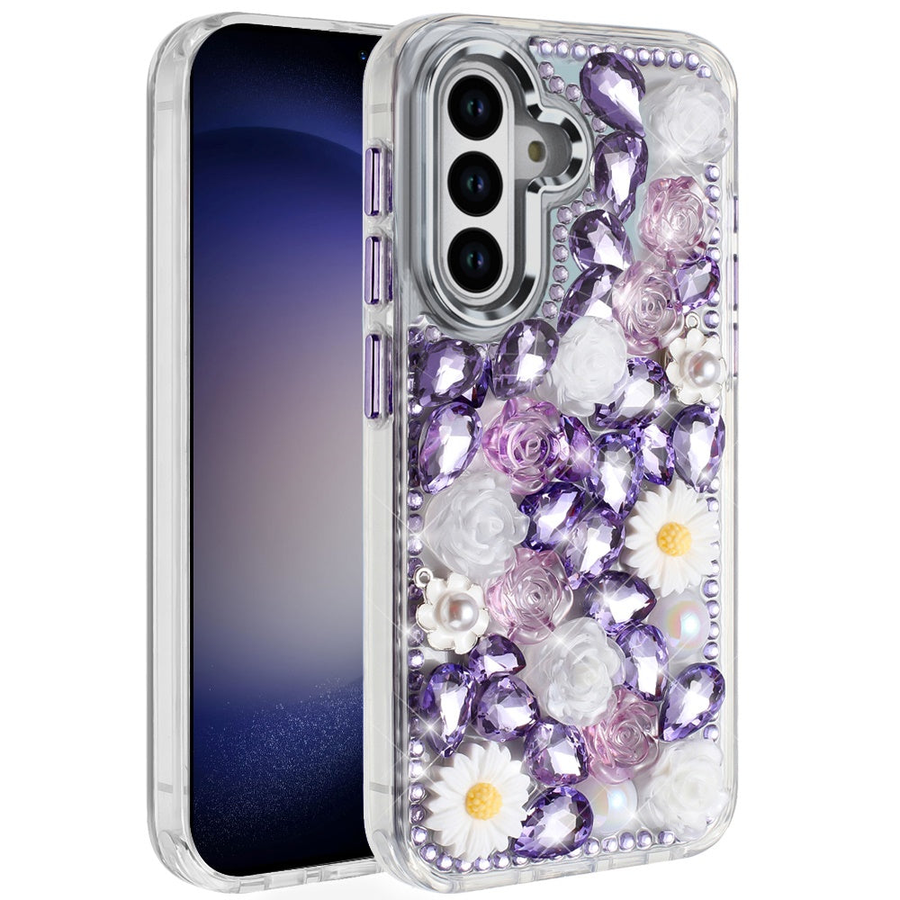 For Apple iPhone 15 Pro Max Fashion Daisy Floral Series, Full 3D Bling Crystal Diamonds Sparkling Rhinestone Glitter Hybrid Design Case Cover Purple