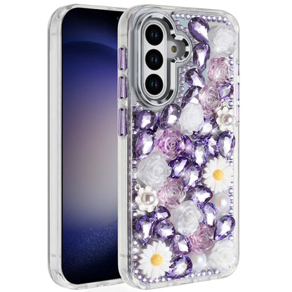 For Apple iPhone 15 Pro Max Fashion Daisy Floral Series, Full 3D Bling Crystal Diamonds Sparkling Rhinestone Glitter Hybrid Design Case Cover Purple