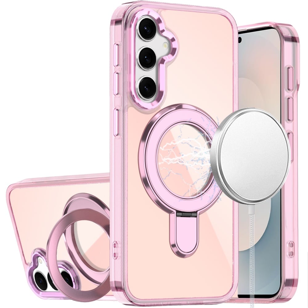 Phone Case for Samsung Galaxy S25 FE, S25 Fan Edition Chrome Magnetic Ring Stand Rotational Shockproof Hybrid Kickstand Metal Finish Rugged Drop Protection Armor Cover Light Pink
