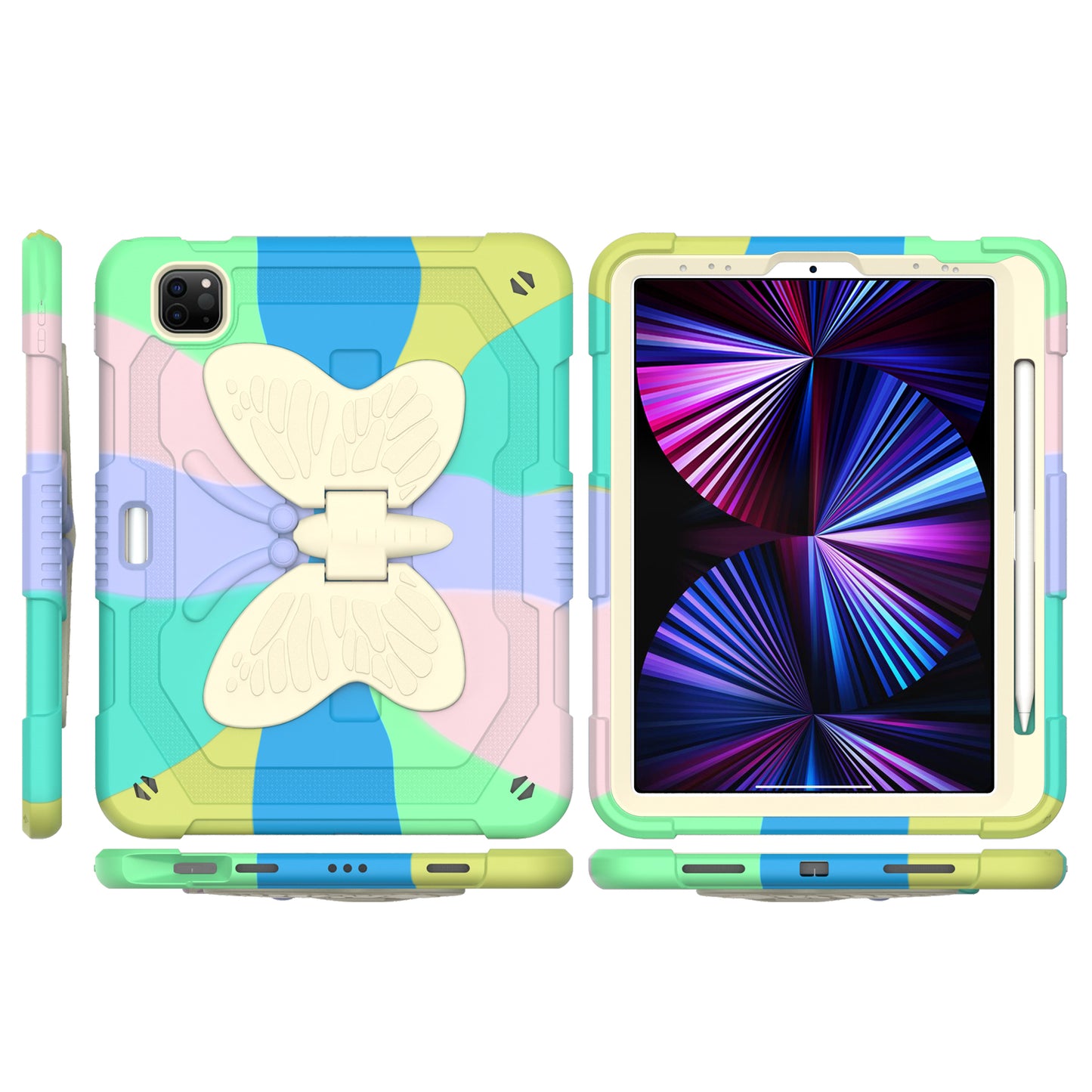 Tablet Case for Apple iPad Air 5th /4th Gen /iPad Pro (11inch) 2024 Butterfly Kickstand Hybrid 3D Design Heavy Duty Shockproff Kids Rubber Shock Absorbing Reinforced Corners Cover Green