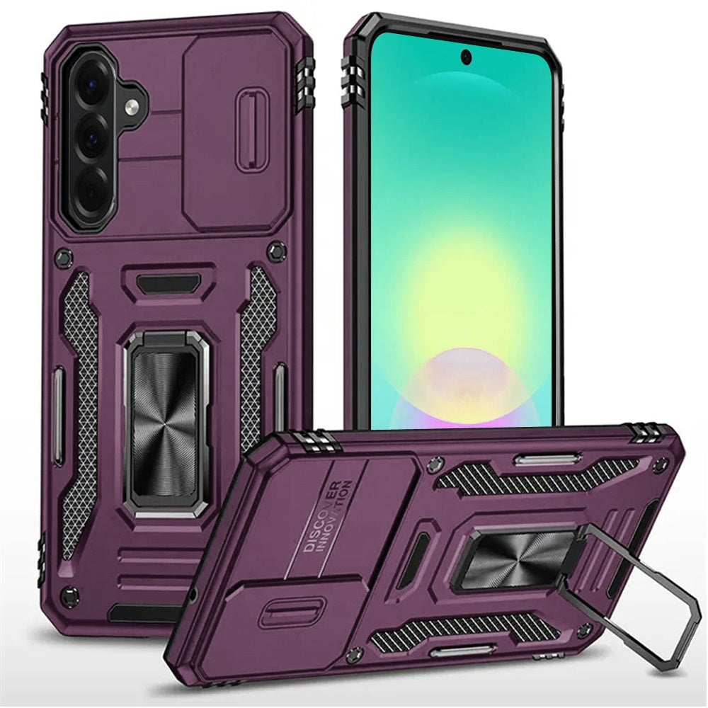 Phone Case for Samsung Galaxy A27 Tough Metal Ring Shockproof Sliding Camera Window Hybrid Armor Rugged Anti Slip Heavy Duty Grip Cover Purple