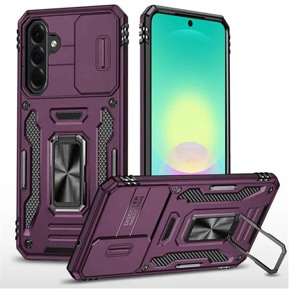 Phone Case for Samsung Galaxy A27 Tough Metal Ring Shockproof Sliding Camera Window Hybrid Armor Rugged Anti Slip Heavy Duty Grip Cover Purple