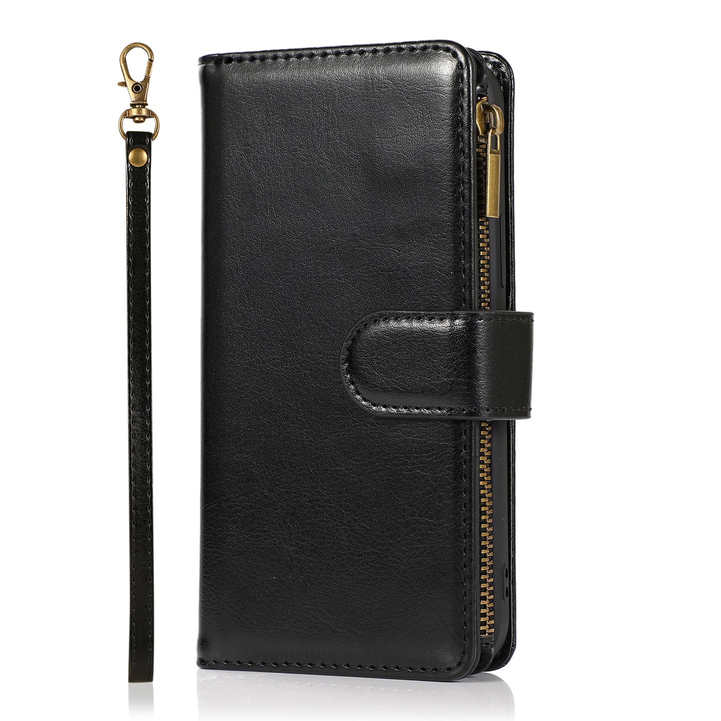 For T-Mobile Revvl 7 5G Leather Zipper Wallet Case 9 Credit Card Slots Cash Money Pocket Clutch Pouch Stand & Strap Case Cover Black