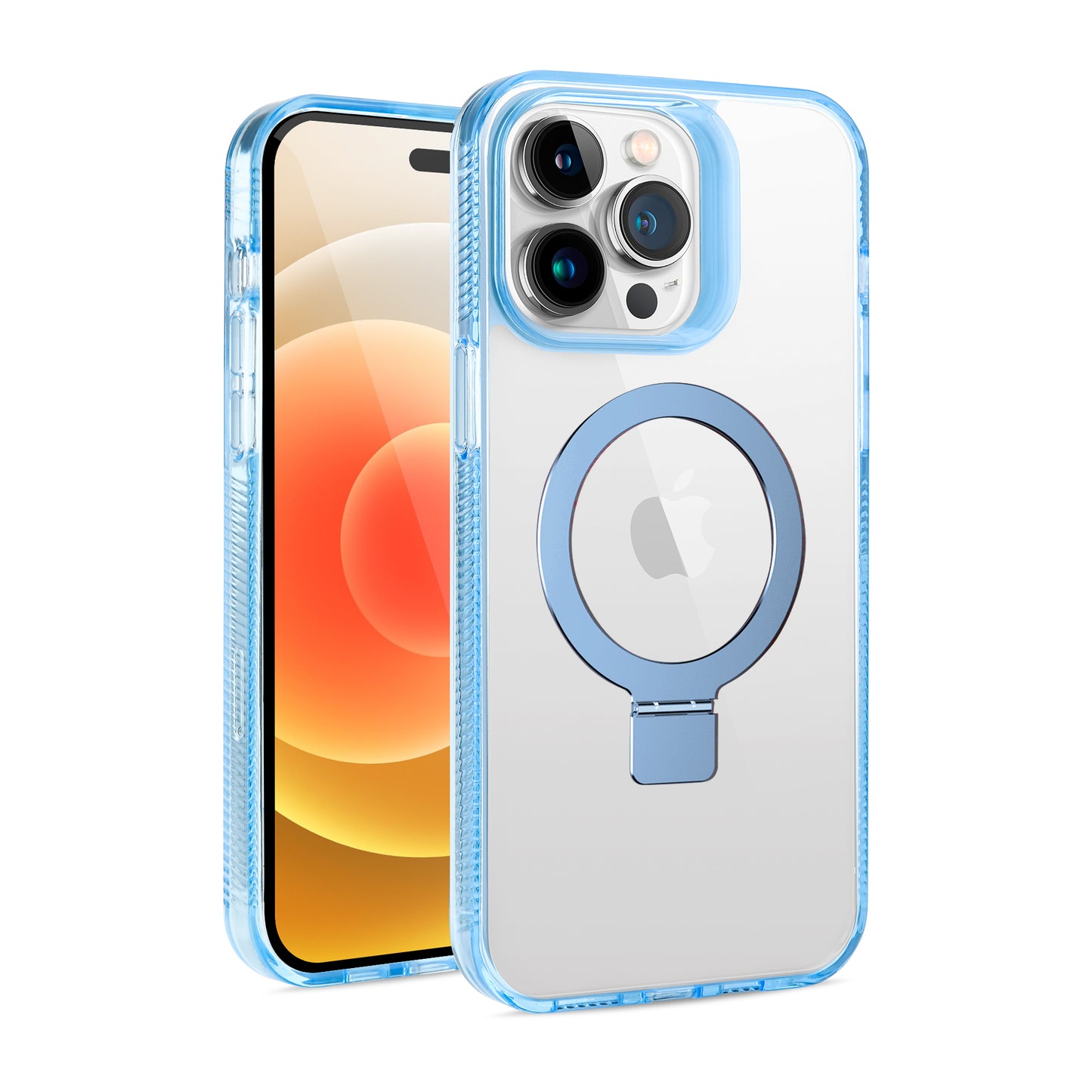 Phone Case for Apple iPhone 12 /12 Pro Transparent Dotted Edge Magnetic Ring Stand Shockproof Hybrid Grip Kickstand Clear Rugged Drop Protection Cover Light Blue