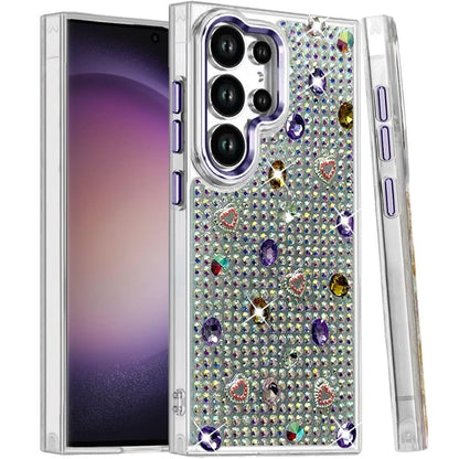 Phone Case for Samsung Galaxy S23 Ultra Chrome Fashion Hybrid Bling Diamond Heart Rhinestone Decorative Stones Sparkling Embellished Design Cover