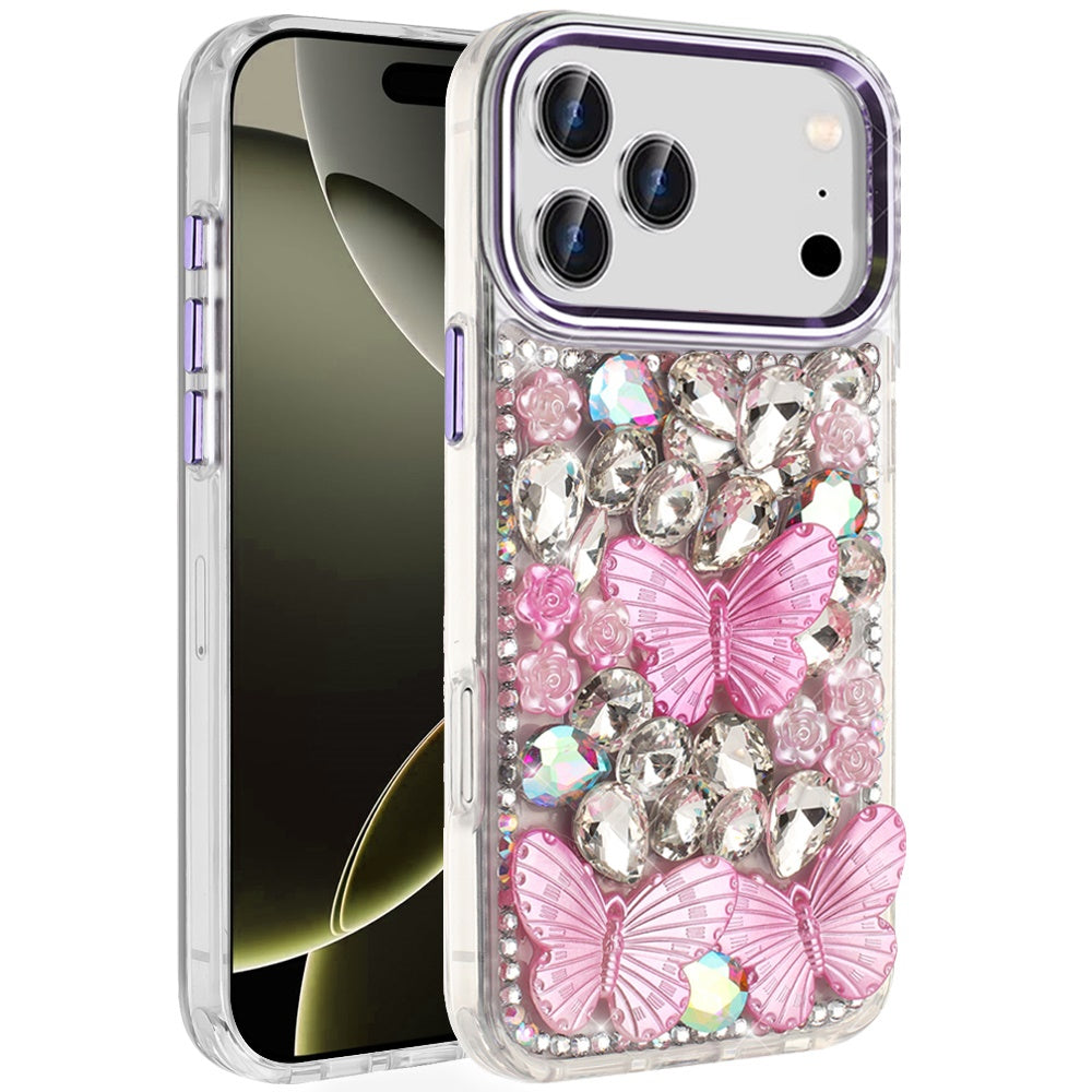 Phone Case for Apple iPhone 17 Pro Max (6.9") Luxury 3D Floral Butterfly Bling Rhinestone Glitter Shockproof Stylish Protective Hybrid Designer Metallic Cover Purple