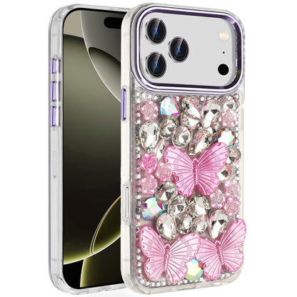 Phone Case for Apple iPhone 17 Pro Max (6.9") Luxury 3D Floral Butterfly Bling Rhinestone Glitter Shockproof Stylish Protective Hybrid Designer Metallic Cover Purple