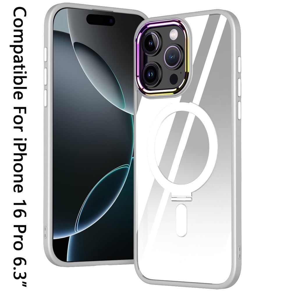 For Apple iPhone 16 Pro Magnetic Ring Stand Hybrid MagSafe Compatible Shockproof Protection Transparent Back Alloy Chrome Grip Case Cover Clear