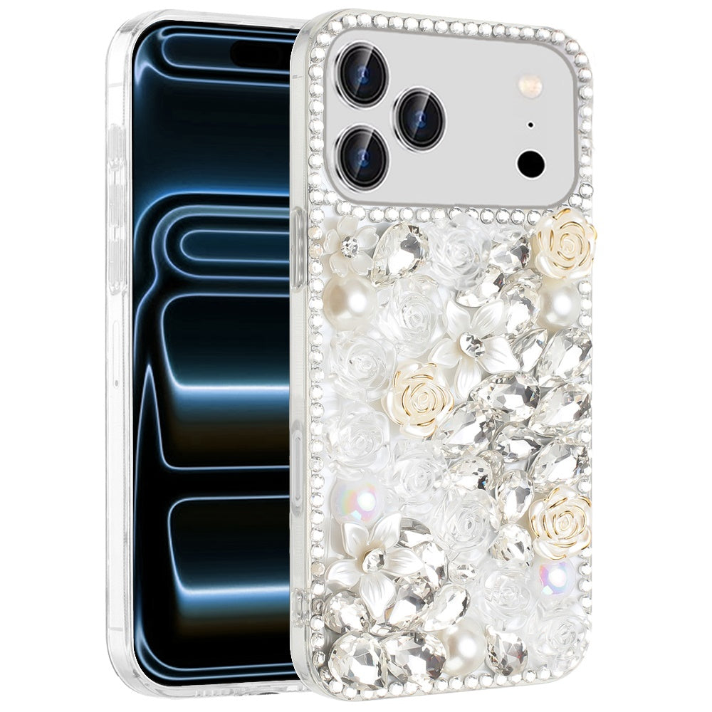 Phone Case for Apple iPhone 18 Pro/ 17 Pro Rose Flower Full Diamond Bling Rhinestone Glitter Luxury Stylish Sparkle Protective Designer Hybrid Cover