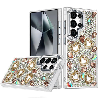 Phone Case for Samsung Galaxy S24 Ultra Luxury Crystal Heart Rhinestone Diamond Bling Shockproof Hybrid Glitter Protective Stylish Durable Grip Cover Brown