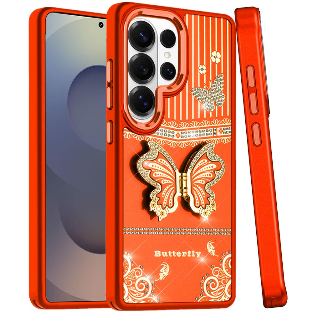 For Samsung Galaxy S25 Ultra Glitter 3D Butterfly Design Bling Metallic Edge Hybrid Stand Drop Protection TPU Shockproof Case Cover