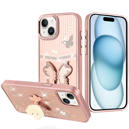Phone Case for iPhone 15 (6.1") Glitter Bling Butterfly Stand Metallic Edge Hybrid Shockproof Grip Durable Camera Protection Stylish Design Cover Rose Gold