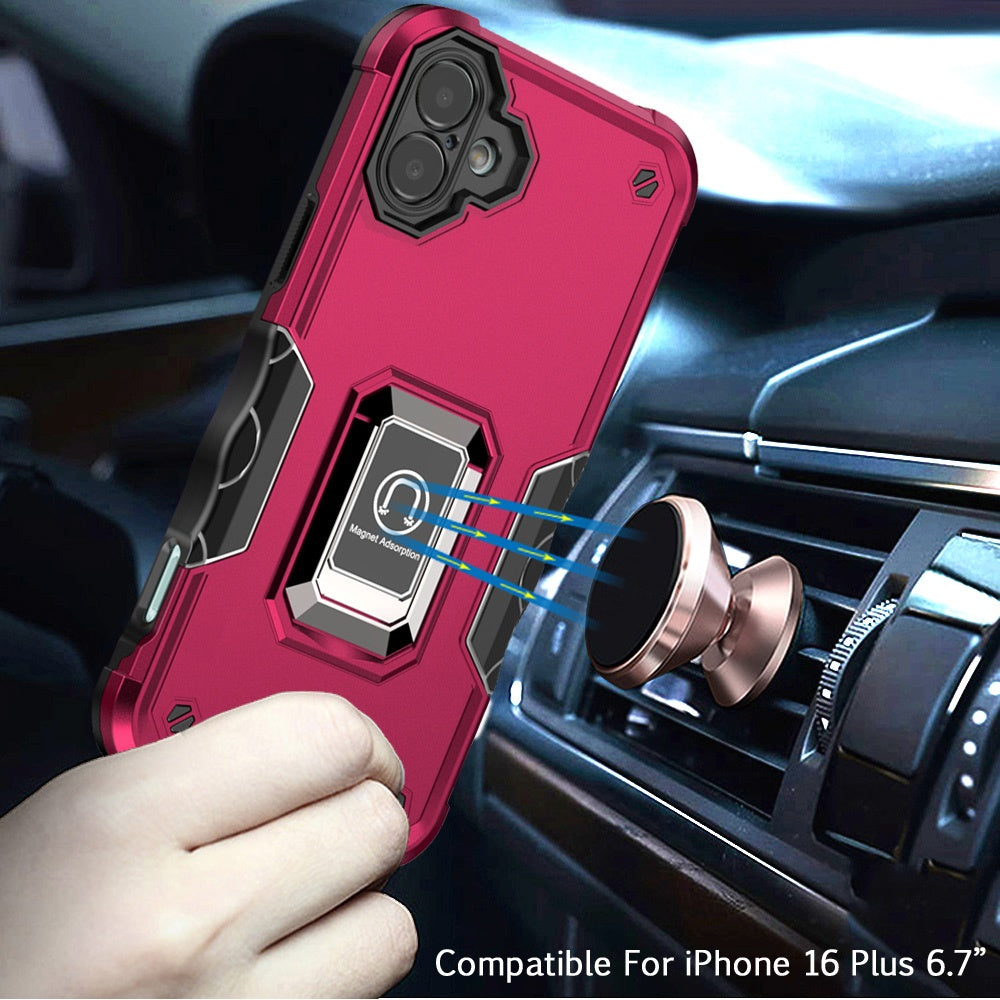 Phone Case for Apple iPhone 16 Plus Shockproof Magnetic Ring Stand Hybrid Kickstand Armor 360 Rotation Anti-Slip Grip Military Grade Drop Resist Cover Pink