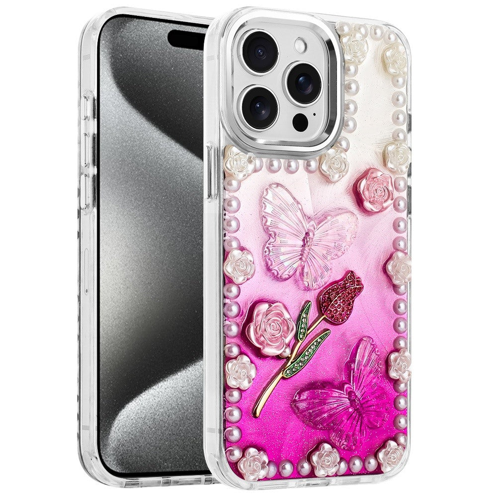 For Apple iPhone 13 Pro Max Bling Fashion Design with 3D Pearls Epoxy Glitter Ornaments Chrome Edge Hard Slim PC Case Cover