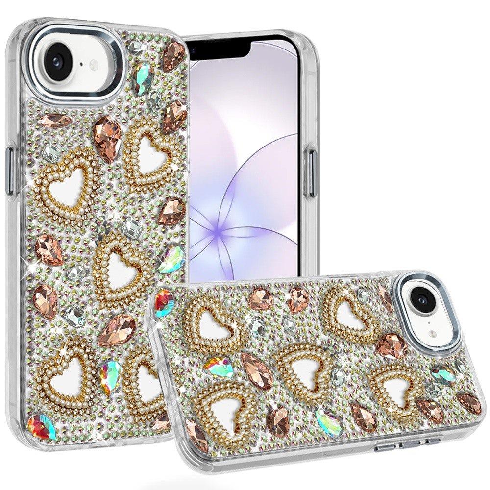 Phone Case for Apple iPhone 16 E (6.1") Luxury Crystal Heart Rhinestone Diamond Bling Shockproof Hybrid Glitter Protective Stylish Durable Grip Cover