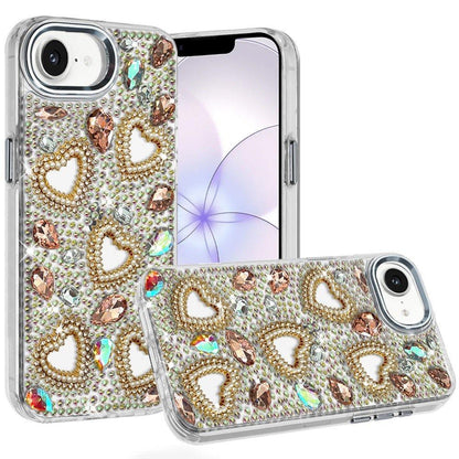 Phone Case for Apple iPhone 16 E (6.1") Luxury Crystal Heart Rhinestone Diamond Bling Shockproof Hybrid Glitter Protective Stylish Durable Grip Cover