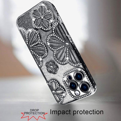 For Apple iPhone 16 Pro Luxury Flower Design Sparkle Glitter Diamond Rhinestone Shimmer Bling Plating Thick TPU Hard PC Case Cover