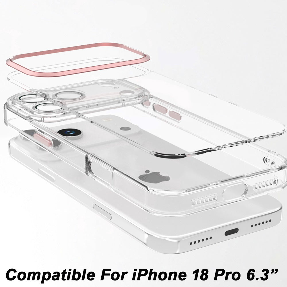 Phone Case for Apple iPhone 18 Pro/ 17 Pro Transparent Clear Hybrid Metal Button Camera Guard Shockproof Gummy TPU Slim Protective Grip Cover Pink