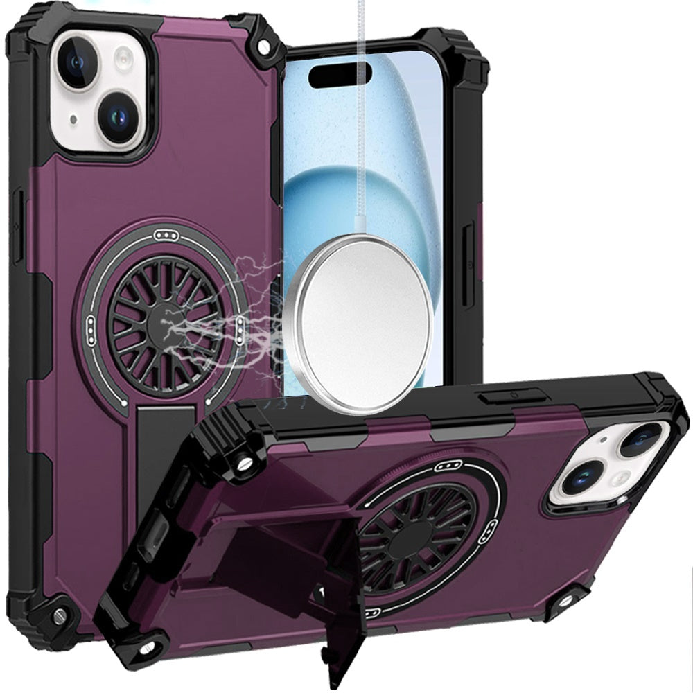 Phone Case for Apple iPhone 15 Invisible Kickstand Magnetic Car Mount Friendly Shockproof Texture Anti Slip Durable Grip Heavy Duty Hybrid Cover Purple