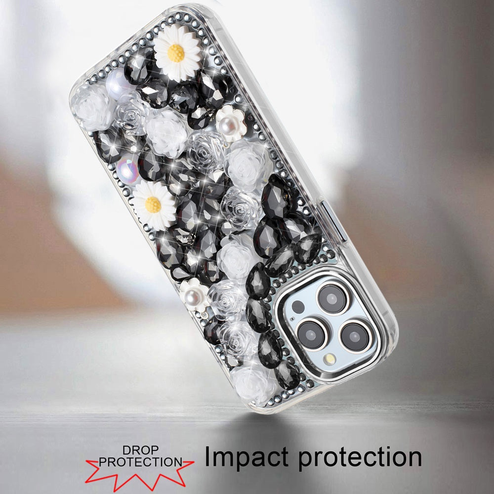 For Motorola Moto G 5G 2025 Fashion Daisy Floral Series, Full 3D Bling Crystal Diamonds Sparkling Rhinestone Glitter Hybrid Design Case Cover