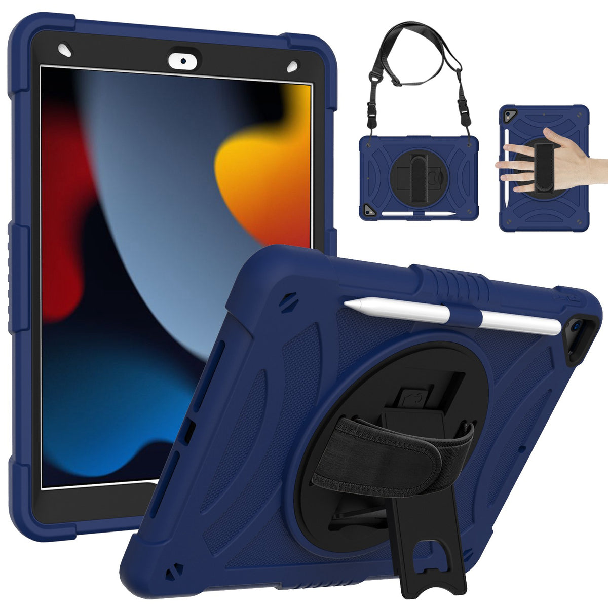 For 3-in-1 Tough Hybrid Shockproof Protector Silicone TPU with Pencil Holder, Kickstand, Hand & Shoulder Strap Blue Tablet Case Cover