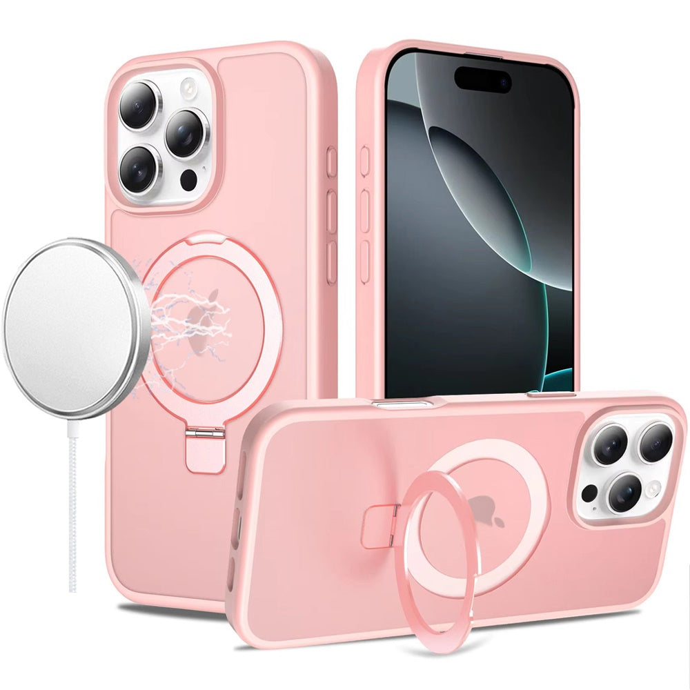 Phone Case for Apple iPhone 16 Pro Max Magnetic Ring Stand Full Rotation Matte Shockproof Grip Anti Slip Durable Camera Protection Hybrid Cover Light Pink