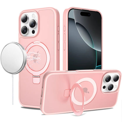 Phone Case for Apple iPhone 16 Pro Max Magnetic Ring Stand Full Rotation Matte Shockproof Grip Anti Slip Durable Camera Protection Hybrid Cover Light Pink