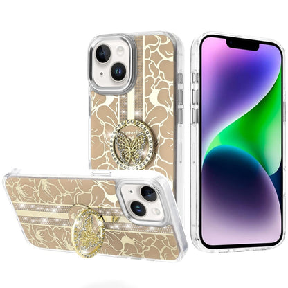 Phone Case for Apple iPhone 14 /iPhone 13 Floral Butterfly Ring Stand Glitter Bling Shockproof Hybrid Luxury Fashion Protective Anti Slip Durable Grip Cover