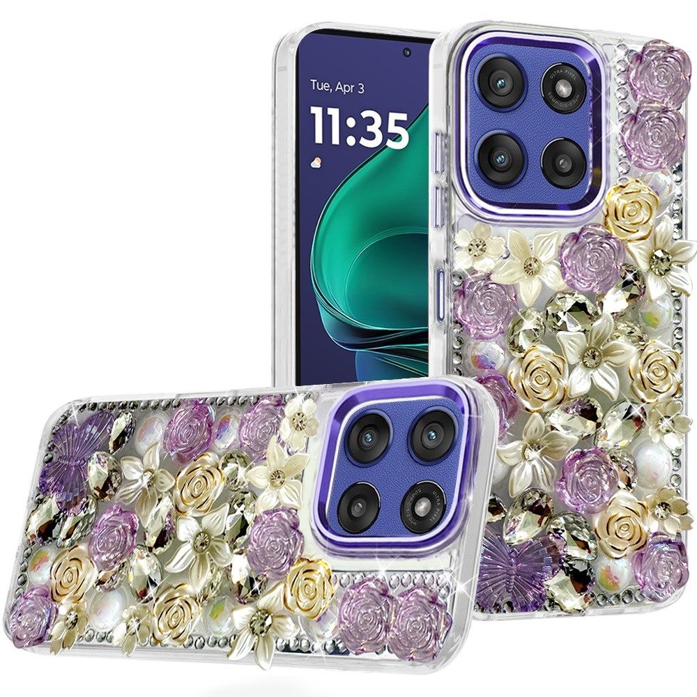 Phone Case for Moto G Stylus 5G 2026/2025 Luxury Rose Bling Rhinestone Glitter Floral Hybrid Shockproof Stylish Protective Designer Ornament Sparkle Cover Purple
