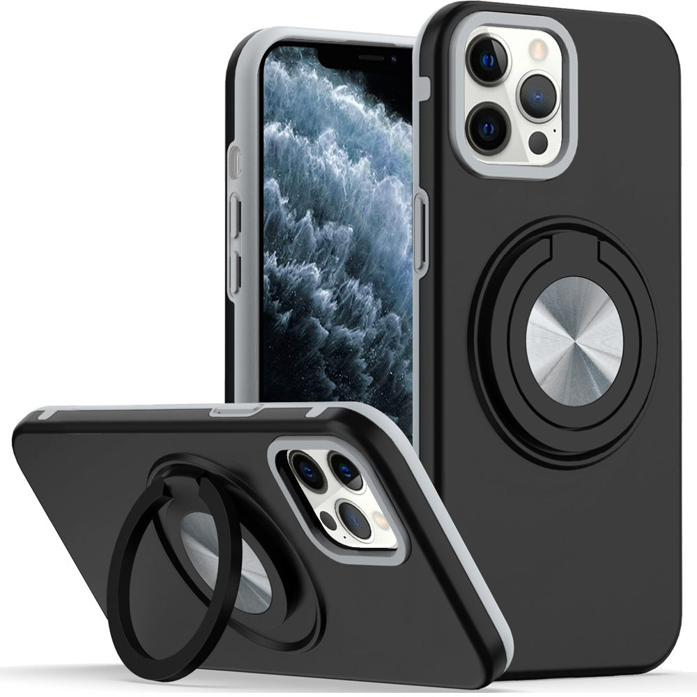 Phone Case for Apple iPhone 11 Pro Max Shockproof Magnetic Ring Stand Rotating CarMount Hybrid Metal Matte Finish AntiSlip Grip Kickstand Cover Black