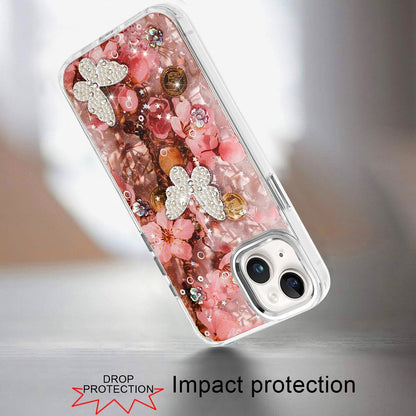 For iPhone 14/13 (6.1") Epoxy Glitter Flowers Bling 3D Butterfly Fashion TPU Hybrid with Shockproof Protection Case Cover Rose Gold