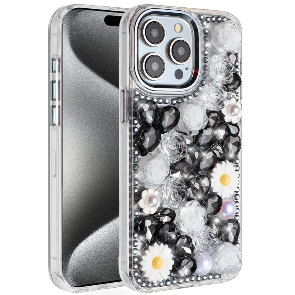 Phone Case for iPhone 15 Pro (6.1") Full Bling Rhinestone Glitter Floral Luxury Hybrid Shockproof Stylish Sparkling Protective Designer Ornament Cover