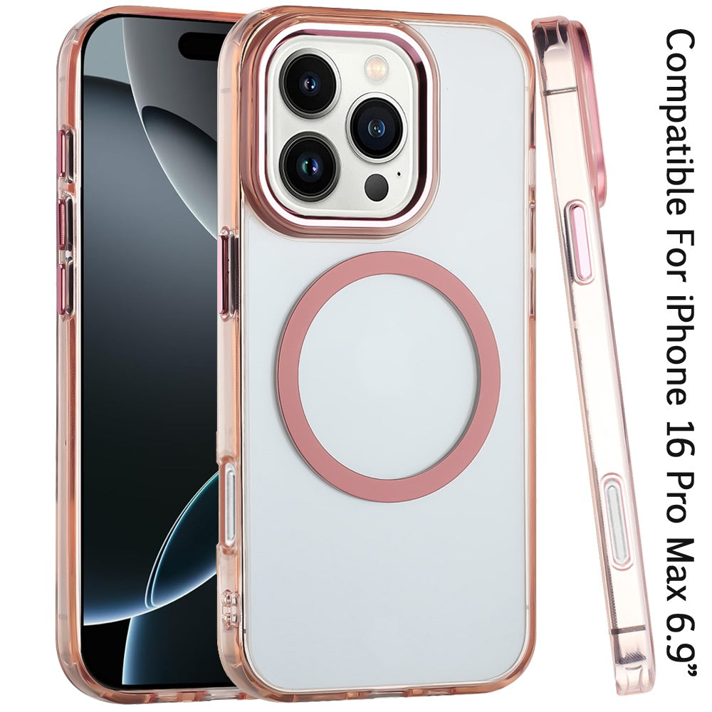 For iPhone 16 Pro Max (6.9") Transparent Back Hybrid Case - Magnetic Circle, Color Frame, Metal Buttons, MagSafe Compatible Protector