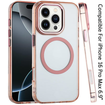 For iPhone 16 Pro Max (6.9") Transparent Back Hybrid Case - Magnetic Circle, Color Frame, Metal Buttons, MagSafe Compatible Protector