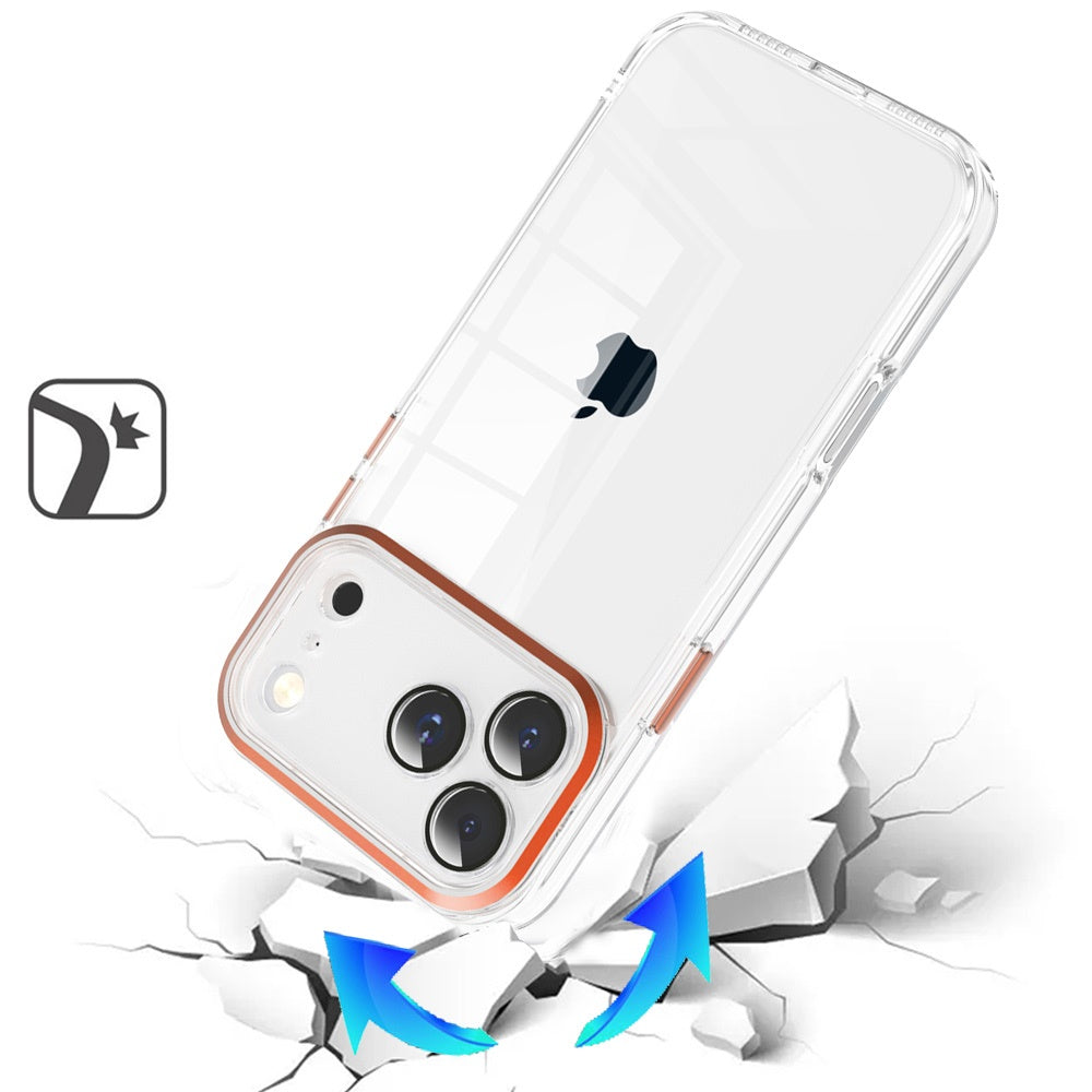 Phone Case for Apple iPhone 17 Pro Max (6.9") Transparent Clear Hybrid Metal Button Camera Guard Shockproof Gummy TPU Slim Protective Grip Cover Cosmic Orange