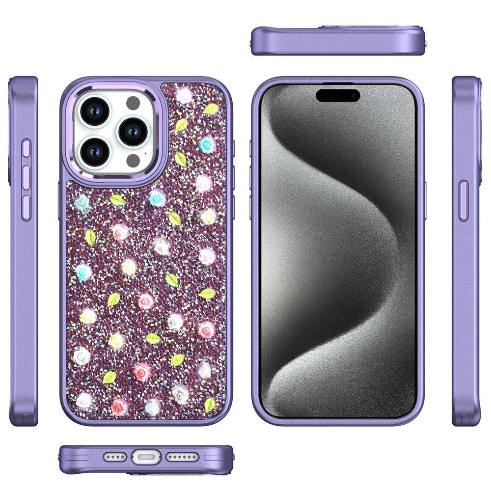 For Apple iPhone 15 Floral Design Embedded Glass Diamond Fancy Fashion Glitter Bling Sparkly Hybrid Rugged TPU Bumper Case Cover Purple