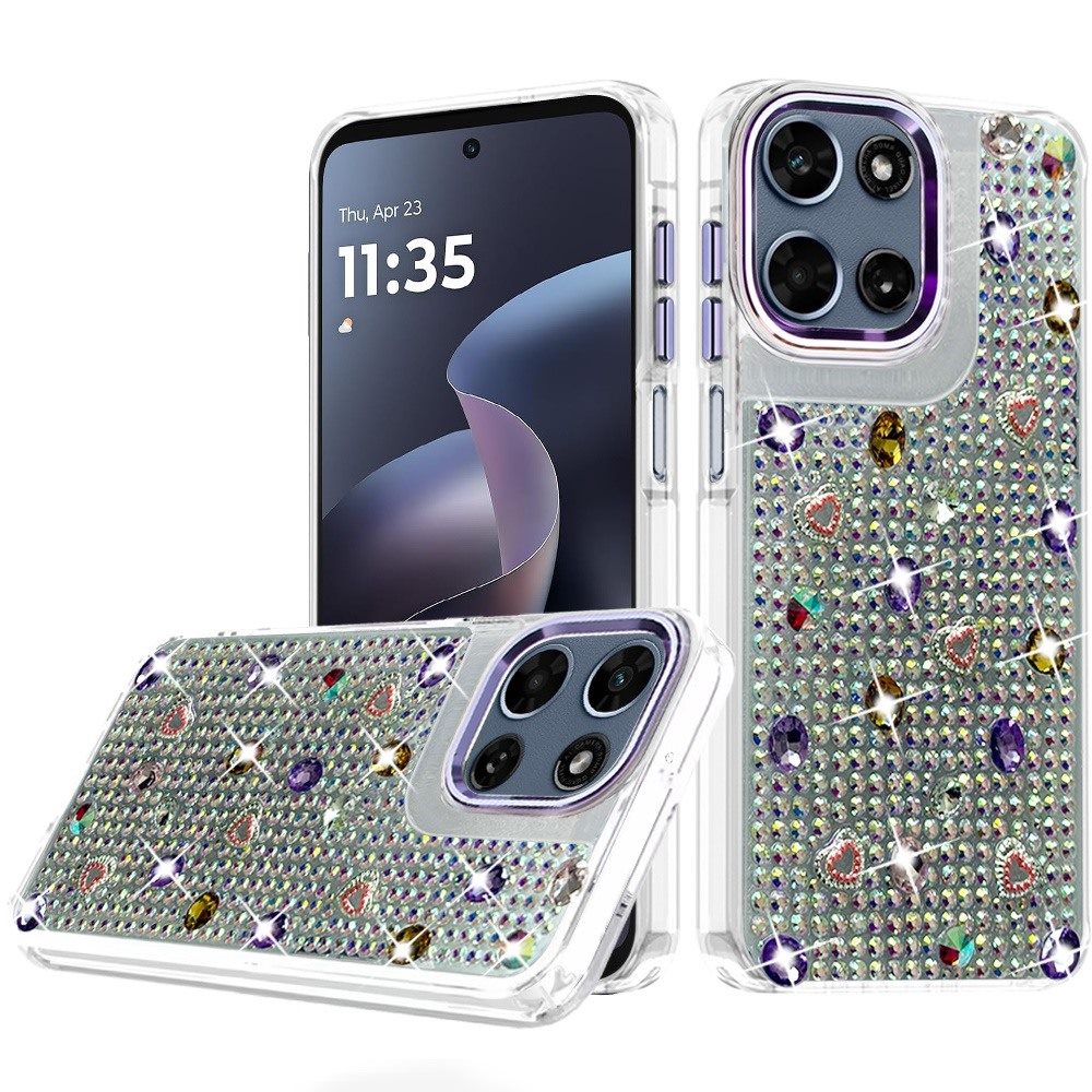 Phone Case for Motorola Moto G Play 5G 2026 Chrome Fashion Hybrid Bling Diamond Heart Rhinestone Decorative Stones Sparkling Embellished Design Cover Purple