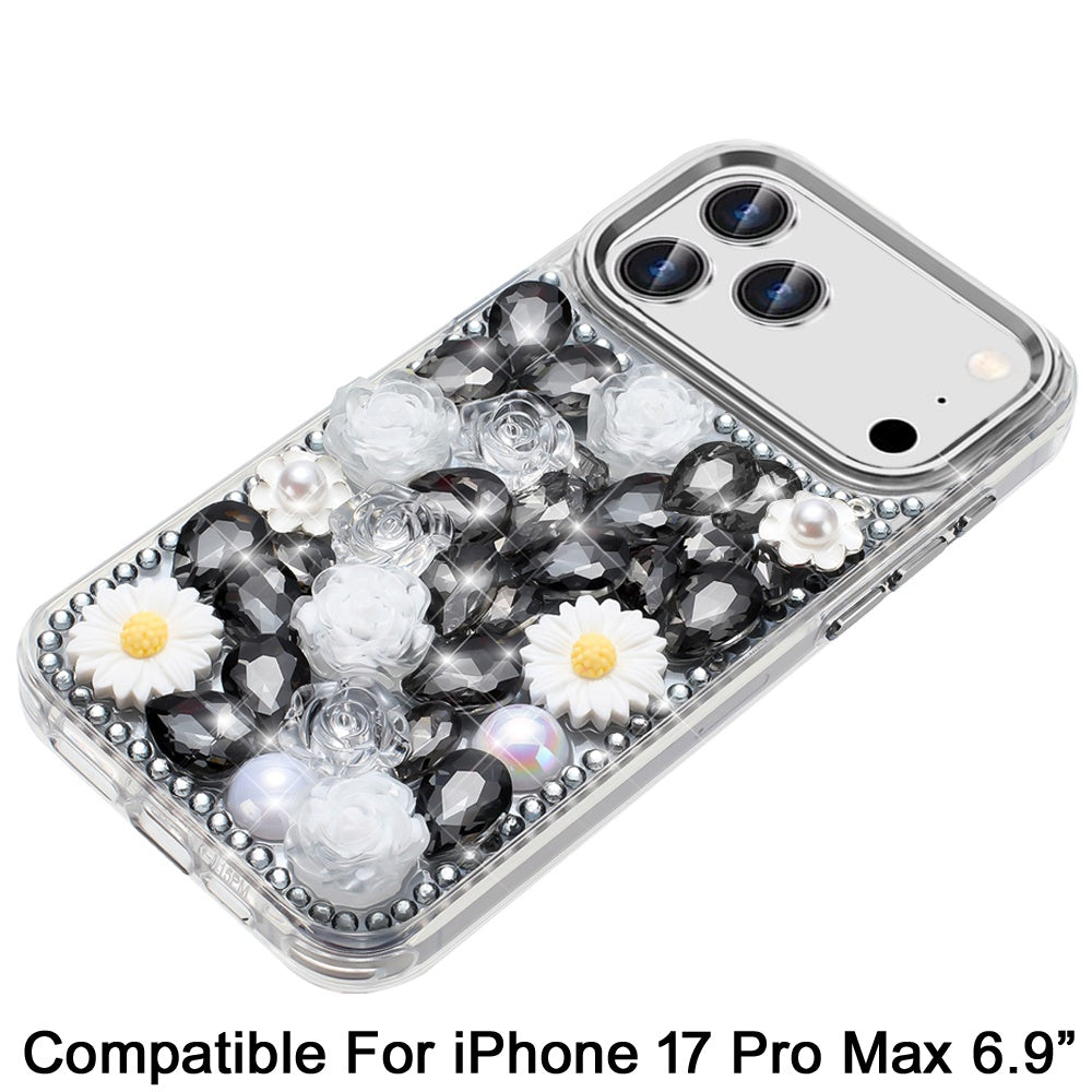 For Apple iPhone 17 Pro Max (6.9") Fashion Daisy Floral Series, Full 3D Bling Crystal Diamonds Sparkling Rhinestone Glitter Hybrid Design Case Cover