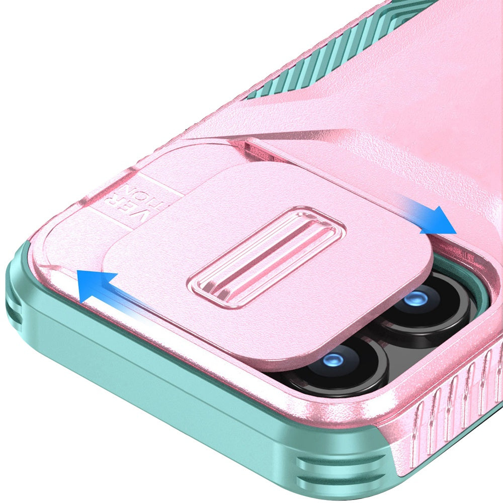 For Apple iPhone 16 Pro Slim Fit Shockproof Hybrid with Slide Camera Window Covering, Rugged Tpu Silicone Hard PC Bumper Case Cover Pink-Teal