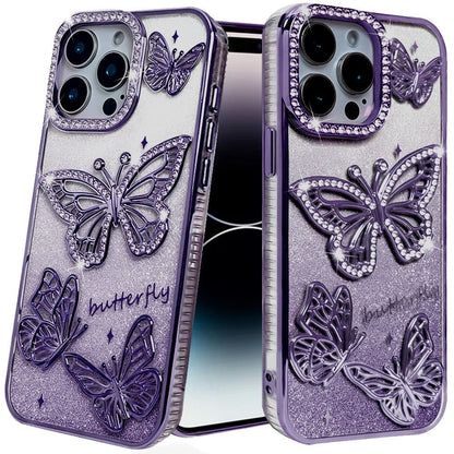 For Apple iPhone 15 Pro Max Luxury Butterfly Sparkle Glitter Diamond Crystal Rhinestone Shimmer Bling Plating Thick TPU Hard PC Case Cover Purple