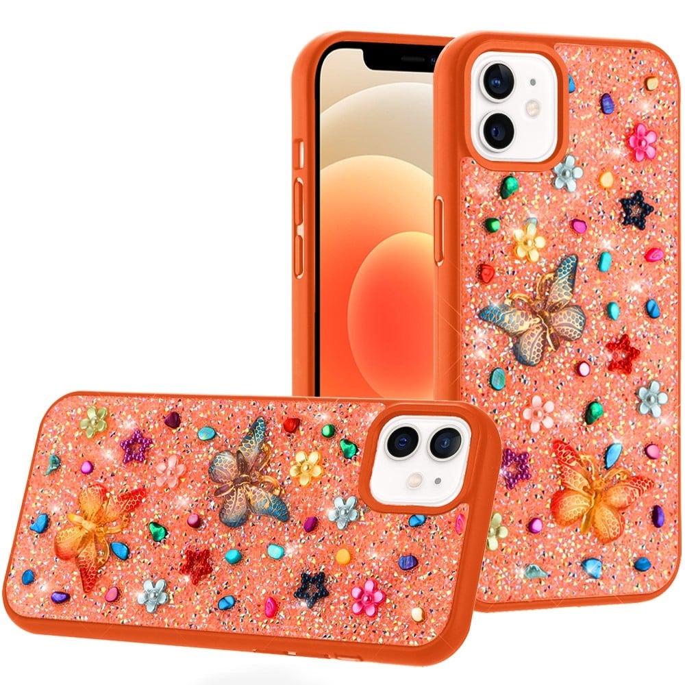 Phone Case for Apple iPhone 12 /12 Pro 3D Butterfly Diamond Bling Glitter Shockproof Stylish Protective Luxury Hybrid Sparkly Durable Grip Design Cover Cosmic Orange