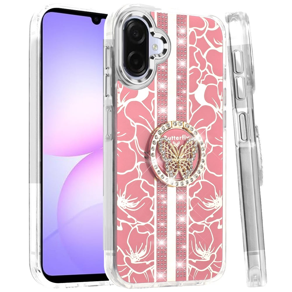 Phone Case Cover for Samsung Galaxy A07 4G Diamonds 3D Butterfly Floral Design Bling Sparkly Glitter Hybrid Metal Fashion with Ring Stand Cover