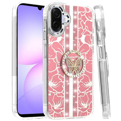 Phone Case Cover for Samsung Galaxy A07 4G Diamonds 3D Butterfly Floral Design Bling Sparkly Glitter Hybrid Metal Fashion with Ring Stand Cover