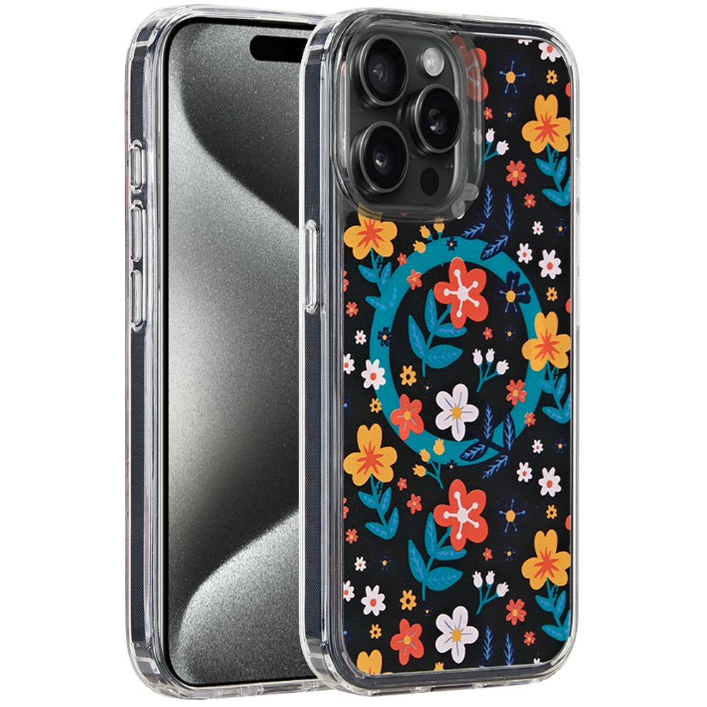 For Apple iPhone 15 Pro Max Cute Fashion Pattern Design, Durable Shockproof Slim TPU Hard Back, MagSafe Compatible Case Cover Nightly Floral