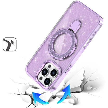 Phone Case for Apple iPhone 16 Pro Max Colofull Transparent Glitter Magnetic Ring Stand Shockproof Rotating Grip Protective Hybrid Durable Cover Light Purple