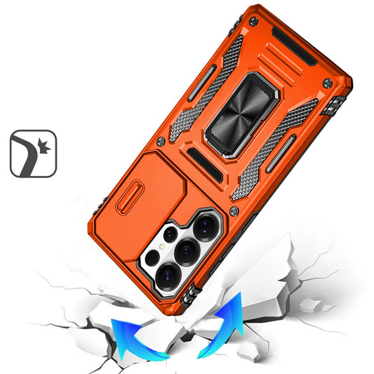 For Samsung Galaxy S25 Ultra Tough Hybrid Case with Movable Camera Window & Metal Ring Stand Shockproof Case Cover Cosmic Orange