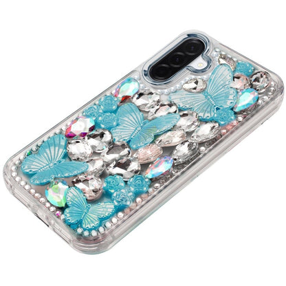 Phone Case for Samsung Galaxy A27 Luxury 3D Floral Butterfly Bling Rhinestone Glitter Shockproof Stylish Protective Hybrid Designer Metallic Cover
