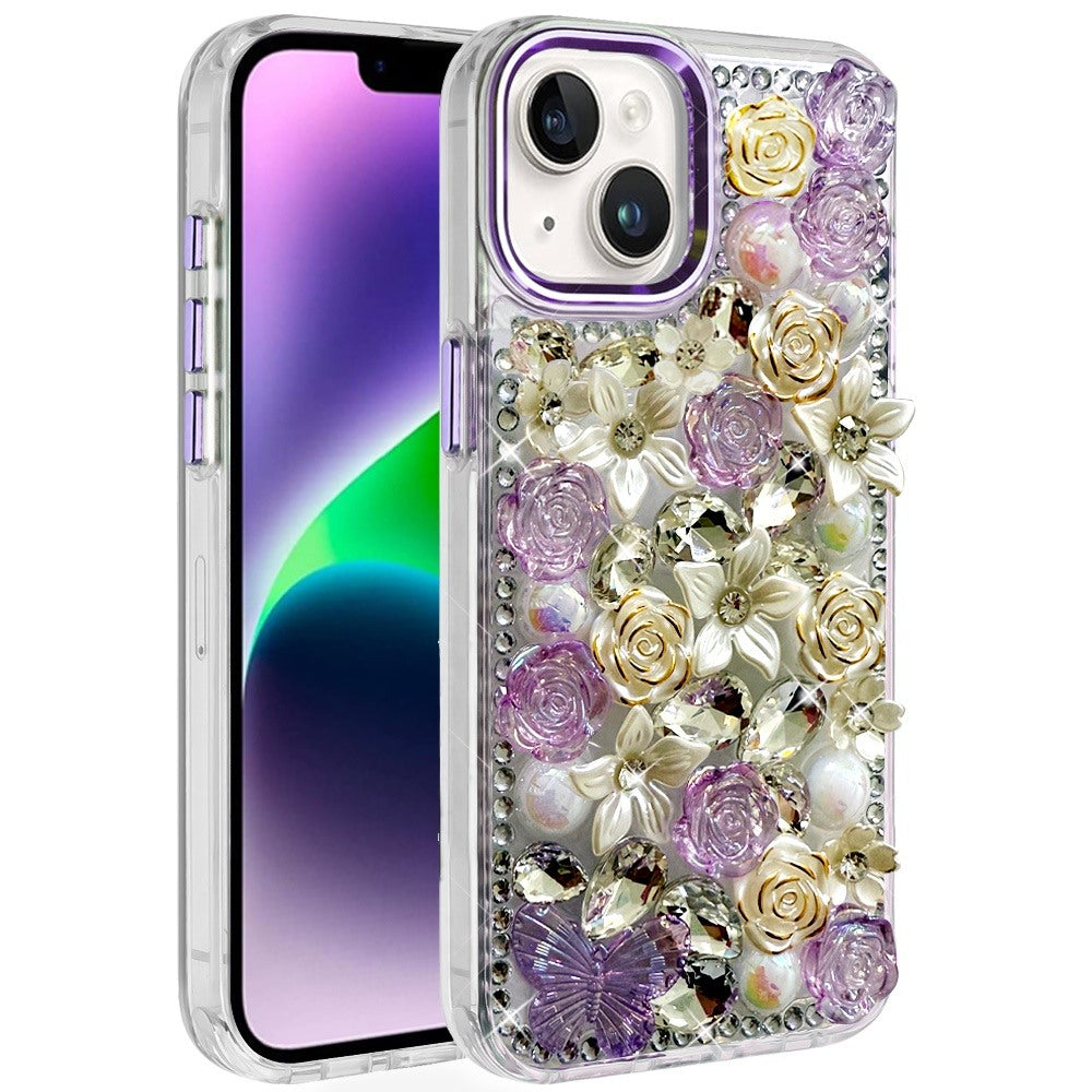 Phone Case for Apple iPhone 14 Luxury Rose Bling Rhinestone Glitter Floral Hybrid Shockproof Stylish Protective Designer Ornament Sparkle Cover Purple