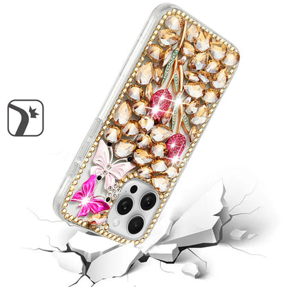 For iPhone 16 Pro Max (6.9") Bling Crystal 3D Full Diamonds Luxury Sparkle Rhinestone Hybrid Case Cover Gold Exquisite Garden